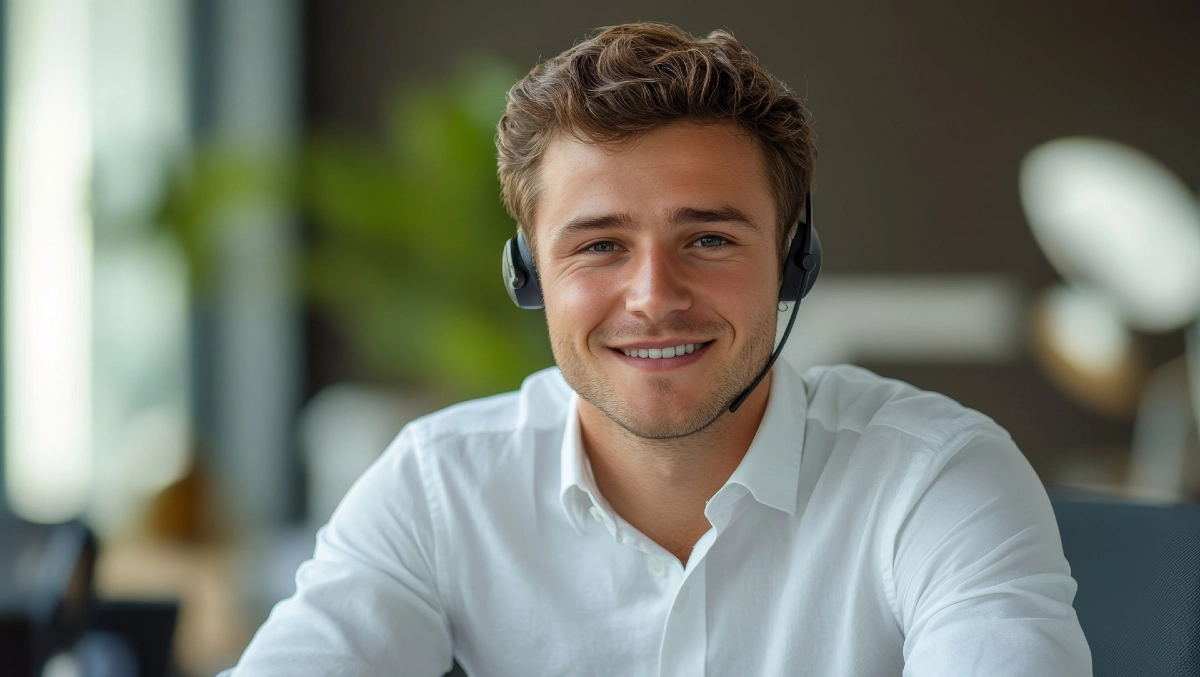 Ung man med headset tittar in i kameran