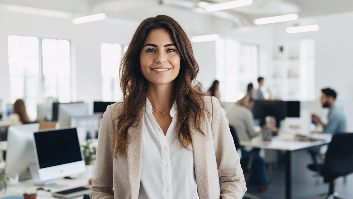 Ung kvinna med långt mörkt hår i öppet kontorslandskap