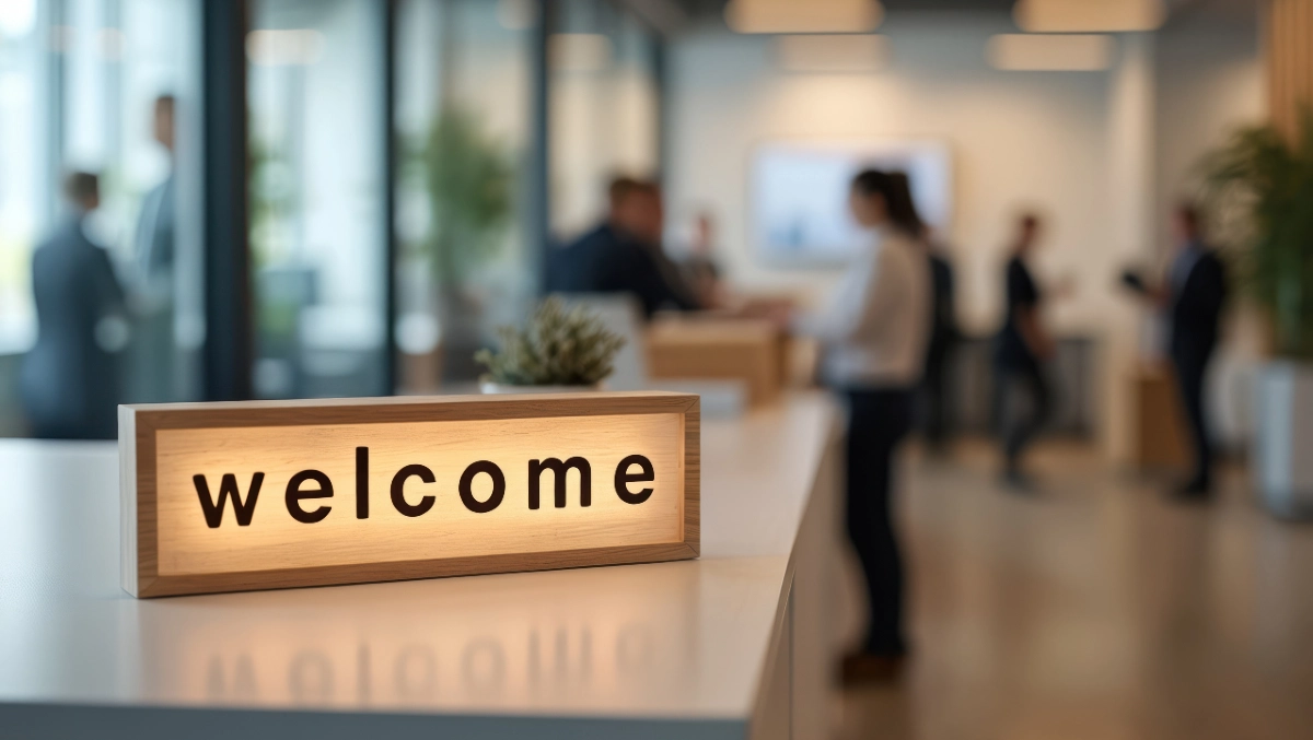 Skylt med ordet "Welcome" som symboliserar onboarding av nyanställda