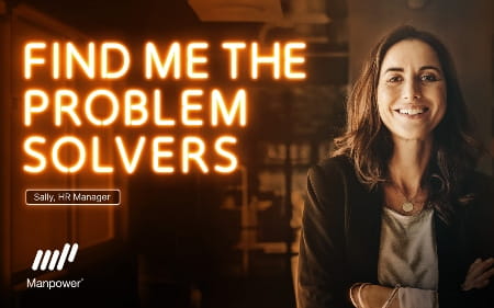 Text: "Find me the problem solvers" and woman smiling