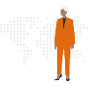 Illustration: Kvinna i orange kostym framför pixlig världskarta